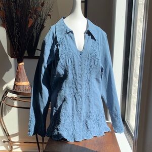 Soft Surroundings Blue Embroidered Blouse